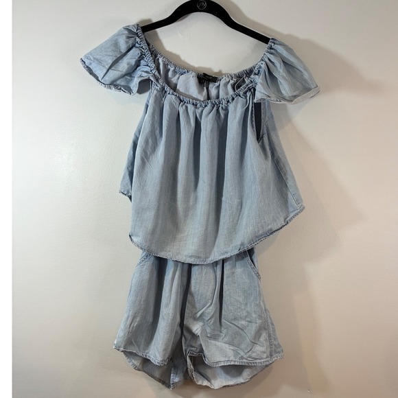 Romeo + Juliet Chambray Off Shoulder Open‎ Back Romper- Blue - S - Picture 1 of 6